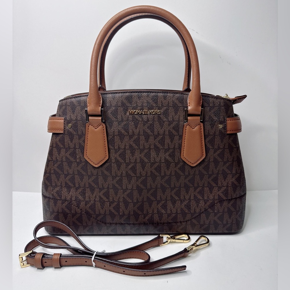 Michael Kors Lynn Brown Lugg MK Printed Large Satchel Bag - Picture 2 of 15